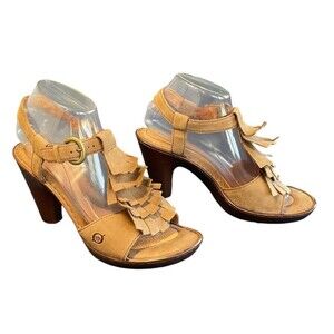 Born Sandals Platform Heels Peep Toe Ruffle Front Tan Suede Leather Size 9‎ EUC